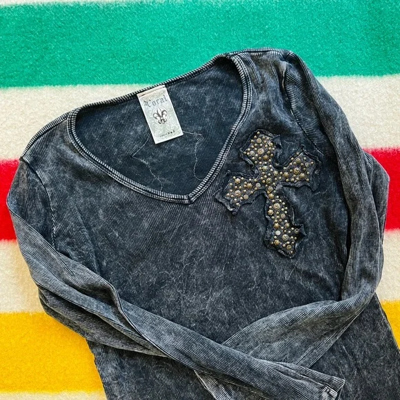 Black Long Sleeve Top with Studded Cross - Picture 1 of 2